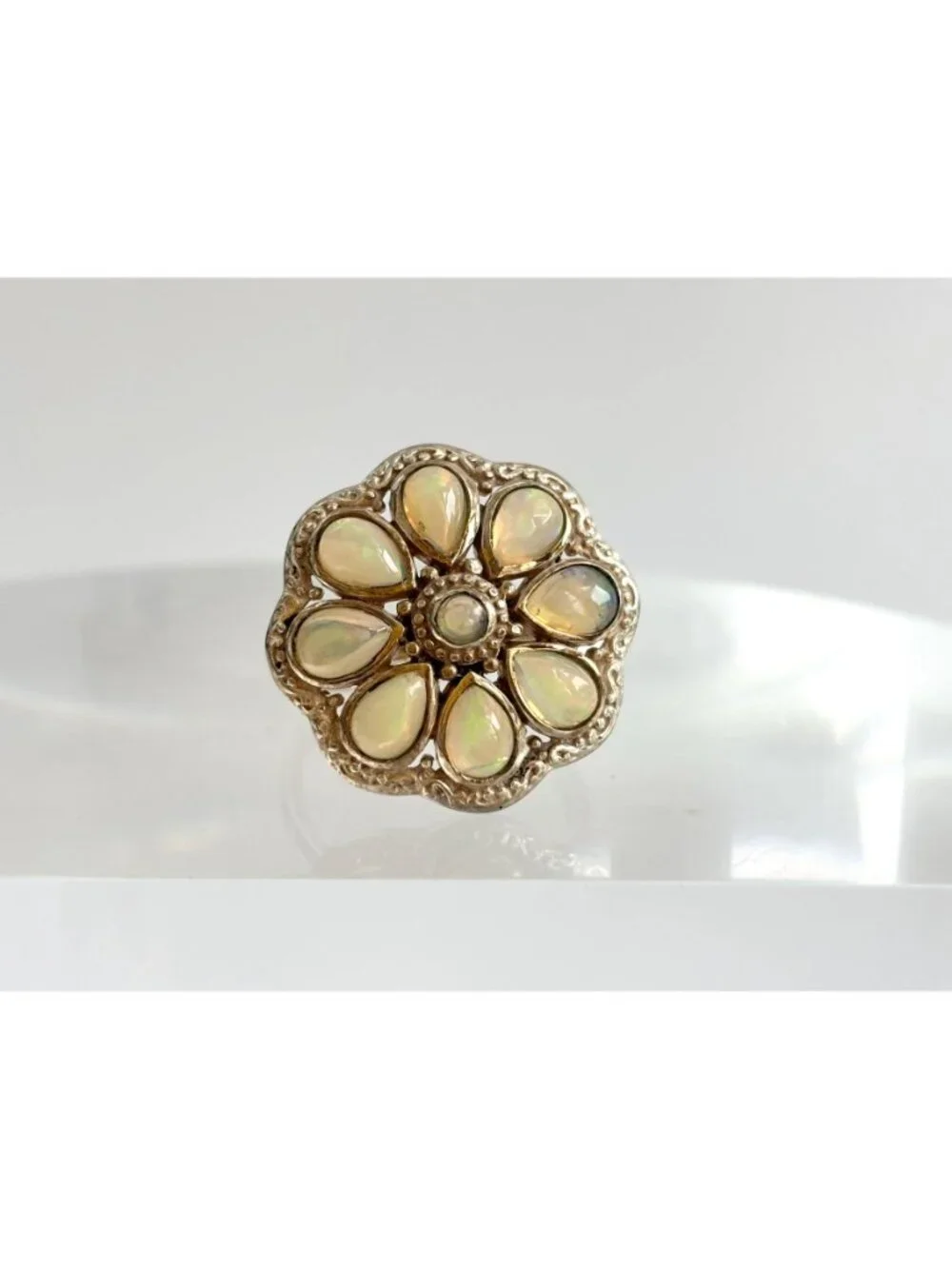 Teardrop Yellow Opal Scalloped Floral Sterling Silver 925 Vintage Ring - sz 8